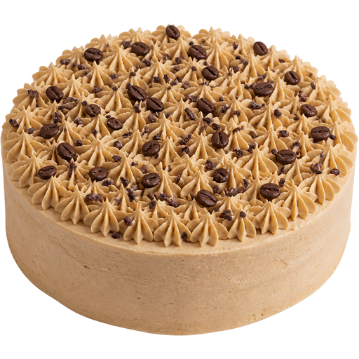 Whole Coffee Cake with Caramel Buttercream Frosting and Cacao Nibs and Coffee Beans with Closed Star Piping Designs on Top