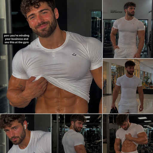 A Real life Full Body Image of a Dad that is at the Gym with Brown hair and Brown Eyes and Beard with Chunky Arms and Pecs with a Defined Gymnast Perfect Body and a Tiny Waist Blushing and With Sunburn under his Eyes. Wearing a White athletic Shirt and Shorts and Has a Cute smile and lifts his shirt but then looks Irresistible. Drenched in Sweat. Huge and Gigantically muscular. Sees you at the mall and thinks your cute