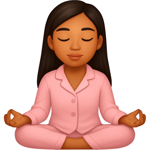 A beautiful tanned Asian girl with long hair, sitting calmly and close her eyes wearing a baby pink colored pajamas and do meditating