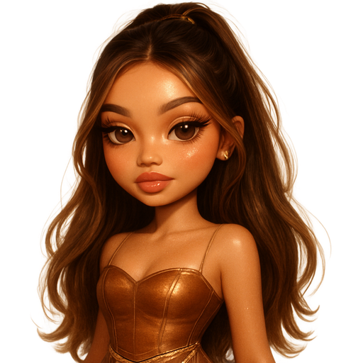 luxury glossy bratz-anime romantic aesthetic, warm cinematic glow, crisp clean detail, glossy glam skin. petite girl, warm soft-autumn tone, fair skin, honey-brown almond eyes, soft freckles, warm toasty glam makeup, glossy nude lips, flutter lashes, sweet Belle-princess vibe, long brunette honey balayage hair with visible light honey blonde highlights, bronze satin corset with gold draped skirt and delicate chain belt, tousled straight hair half-up with gold claw clip, bronzed glowing skin and caramel liner smudge with champagne highlight;, pop-princess energy, shimmer highlight, sparkly glow