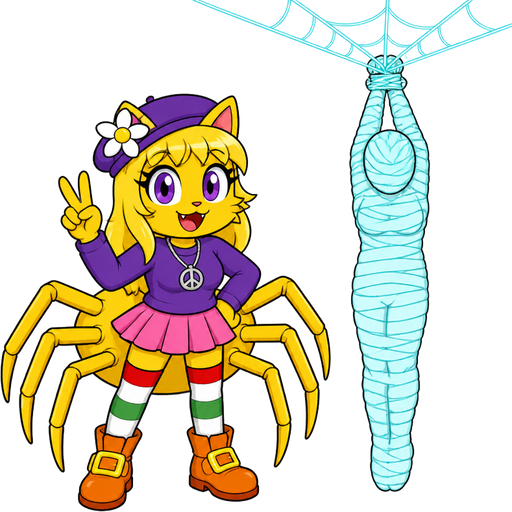 Yellow cat anthro with purple eyes blonde hair purple hat with white flower peace sign necklace purple long sleeved shirt pink skirt long red white green socks orange boots with yellow buckles drider hybrid next to #B8FFFF mummified completely covered human shaped cocoon completely covered hanging on the ceiling by wrists tied up with #B8FFFF spider webs