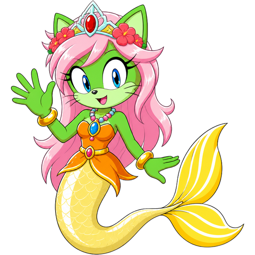 green cat with light pink hair red and flower light cyan crown pink and blue necklace golden and golden bracelets orange dress attached to long light yellow mermaid tail with white highlights with yellow tail fins with white highlights (sonic x anime)