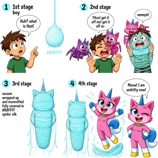 life cycle of anthro pink cat with blue and white tail white wrists blue hands white ankles yellow feet green collar blue unicorn horn w based on unikitty metamorphosis transformation 1st stage boy huh? what is that! #B8FFFF spider eggsac 2nd stage purple spider cat hybrid next to 1 pink spider cat hybrid latching on a boy's face yikes! get it off me! get it off m- and 2 wrapping around boy whole body and head and mouth mmmph! with #B8FFFF silk webbing 3rd stage cocoon wrapped up and mummified fully covered in a #B8FFFF spider slik cocoon shaped like boy turning into a anthro female cat anthro based on unikitty arms behind back with #B8FFFF spider slik wrappings completely covered with thick layers non-transparent #B8FFFF spider slik wrappings hanging on #B8FFFF slik wrappings 4th stage adult 1 anthro pink cat with blue and white tail white wrists blue hands white ankles yellow feet green collar blue unicorn horn w based on unikitty emerges from its wrapped up and mummified fully covered in a #B8FFFF spider slik cocoon shaped like anthro female cat anthro based on unikitty arms behind back with #B8FFFF spider slik wrappings completely covered with thick layers non-transparent #B8FFFF spider slik wrappings hanging on #B8FFFF slik wrappings 2 anthro pink cat with blue and white tail white wrists blue hands white ankles yellow feet green collar blue unicorn horn based on unikitty Meow! I am unikitty now!