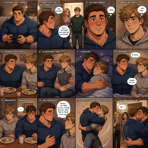 A anime comic book view of a Bulky ANIME character but Muscular and more ANIME Cute Bara Man Who looks Normal and American with a round facial Structure and Basic facial structure With Puffy and Big Pecs that are visible through the shirt and Biceps and Bandaid on his nose. Wearing a hoodie and pants.On the couch playing video games and then his mom enters the house with her friend and her friend’s son. And blushes at her friend’s son whose name is Brady. And Brady blushes cause he’s so handsome. And at the dinner table they sit by each other and then have a sleepover l. And they cuddle until they wake up in a the morning and they nervously back away from each other.and they go eat breakfast and didn’t say anything and then he confesses his love for Brady. And picks Brady up and swings him around and they kiss but there mom’s walk in