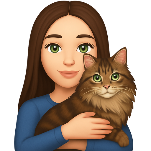 girl with long brown hair, middle part straight hair, skinny, hazel green eyes, long eyelashes, oval face, thin eyebrows, medium lips, nose stud, hugging her long haired siberian cat with brown tortie tabby colour and green eyes