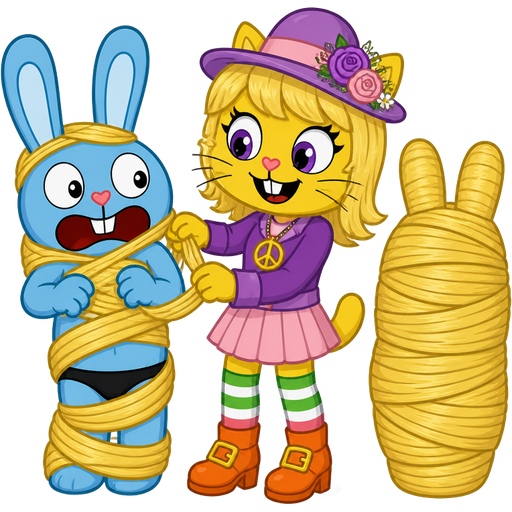 1 blue rabbit with black underwear getting wrapped up by furry yellow cat anthro with purple eyes whiskers blonde hair purple and pink florist hat and purple florist outfit green and white socks and red orange boots with buckles light pink skirt peace sign necklace with blonde hair 2 blonde hair cocoon shaped like blue rabbit completely covered with blonde hair cocoon like mummy front view next to furry yellow cat anthro with purple eyes whiskers blonde hair purple and pink florist hat and purple florist outfit green and white and red socks orange boots with buckles light pink skirt peace sign necklace happy tree friends version