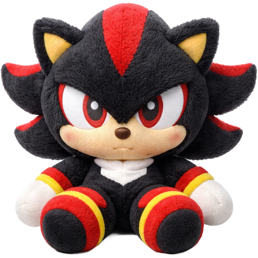 Emoji-style 3D render of a plush character inspired by Shadow the Hedgehog, stuffed animal plush appearance, soft fuzzy fabric texture, embroidered eyes, black plush fur with red accents, simplified plush spikes, rounded cuddly proportions, visible stitching seams, cozy plush aesthetic, clean white background, no vinyl, no plastic, no collectible figure look.