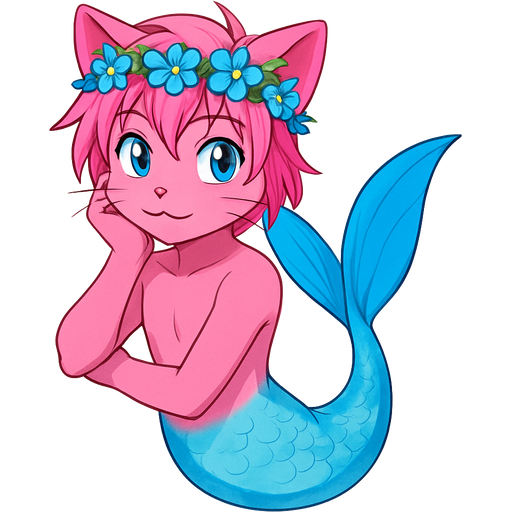 Male pink anthro cat with pink hair blue flower crown with long cyan and white mermaid tail with blue fins sonic x style artistic creation, beautiful art
