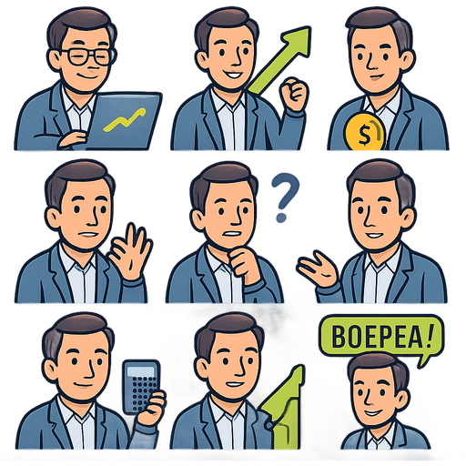 Minimalistic emoji-style sticker pack. Character: confident businessman, male, 30–40 years old, wearing glasses, neat hairstyle, smart-casual outfit. Style: clean vector, bold outlines, soft gradients, expressive but simple emotions. Theme: business and finance. Stickers include: — man with laptop analyzing charts — man celebrating growth with upward arrow — man holding a coin or bank card — man showing “OK” gesture — man thinking with question mark — man giving financial advice — man with calculator — man pointing at rising graph — man with briefcase — man saying “Вперёд!” Color palette: blue, graphite, lime accents. High resolution, transparent background, emoji proportions, smooth shading.