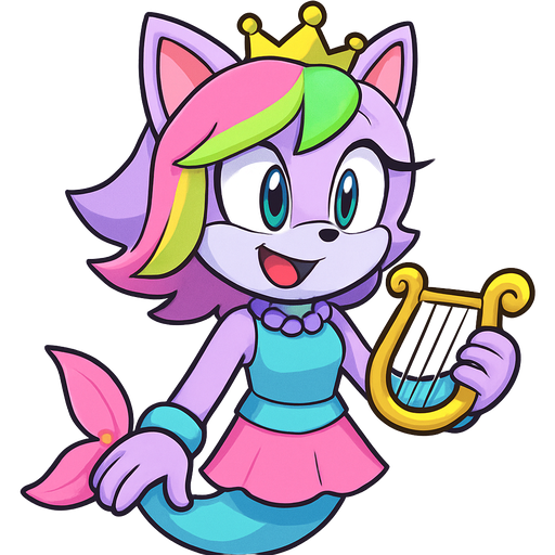 sonic x style version light purple cute cartoon character anthro cat smiling with pink and green and yellow hair blue green eyes golden crown with light purple necklace light cyan braclets cyan and blue dress with pink skirt attached to cyan mermaid tail with pink tail fins pink and cyan gloves holding a golden harp from sonic x style version emoji, artistic style