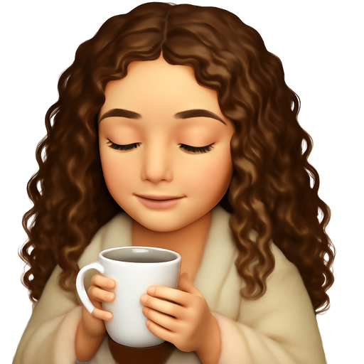 a girl with fair skin and long curly brown hair, her shoulders are wrapped in a cream blanket, ready to open, she holds a white mug in her hands, her gaze is lowered to the mug and there is peace on her face