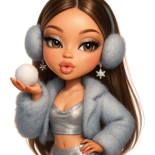 luxury glossy bratz-doll romantic aesthetic, warm cinematic glow, crisp clean detail, glossy glam skin. brown eyed Petite girl, fair skin with soft freckles, long wide face with tall forehead, honey-golden almond wide-set upturned eyes, fluttery lashes, shimmer highlight, plush lips, bottom heavy lip, sweet Belle-princess vibe, long straight brunette hair with visible light blonde highlights, softly defined feminine body, soft hourglass shape with full round bust, blowing a snowball in hand, light icy greyish blue fur cropped coat, matching ear muffs, metallic draped-neck silver cropped cami, low-rise silver sequin micro-skirt, translucent heels, snowflake earrings, glitter on collarbone, icy pink gloss, silver eyelids, white inner eye highlight, hair sleek completely draped in front over fur coat. Cozy romantic glow, soft warm lighting, pop-princess energy