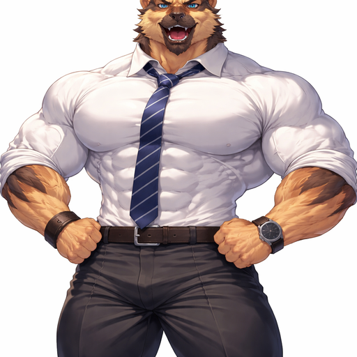 A Full Body and Face Image of a Muscular Bara Furry Dog Businessman with a Basic and Round Big Pecs with a Grotesque and Huge wrestler’s body. Dressed in a Tight Button Up Shirt and Tie With his Sleeves rolled up.