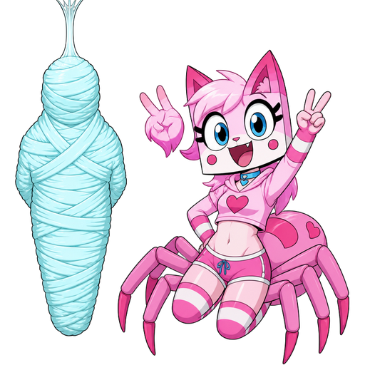 wrapped up and mummified fully covered in a #B8FFFF spider slik cocoon shaped like boy arms behind back with #B8FFFF spider slik wrappings completely covered with thick layers non-transparent #B8FFFF spider slik wrappings silken prison hanging on ceiling on left side next to a happy anthro femboy pink cat anthro drider hybrid doing victory sign smiling based on unikitty