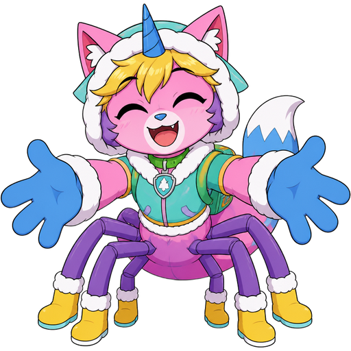 pov: happy pink cat anthro furry boy drider with yellow hair blue and white tail white wrists blue hands purple spider legs white socks yellow boots green collar blue unicorn horn based on unikitty wearing everest's hat and everest's clothing with everest's backpack hugs you