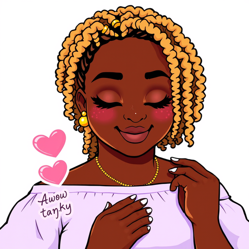 A plus-size dark-skinned Black woman with honey blonde mini locs (adorned with gold beads), glowing golden-brown skin with soft blush, in a pastel lavender off-shoulder top. Shy, beautiful expression with slightly lowered eyes, gentle closed-mouth smile, one hand touching collarbone. A floating pink heart with white cursive text *'Aww, thank you'* drifts near her fingertips. Kawaii-Barbie hybrid style, thick black outlines, cel-shaded pastel colors. The entire sticker has a vibrant 5px teal glow outline and subtle sparkle effects around her hair. Transparent background, 1024x1024px."*