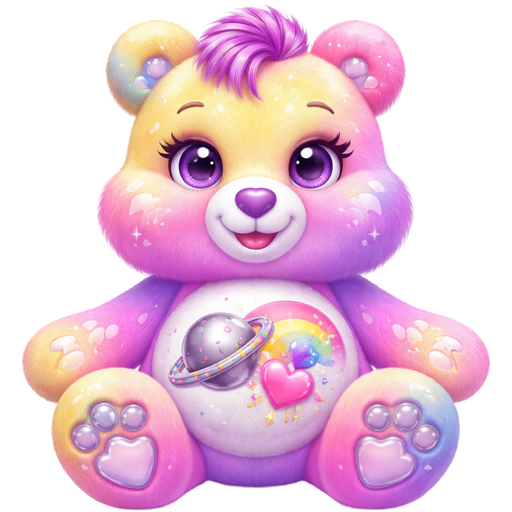 Starlight Love Care Bear with Gradient Pink/Purple Striped Mixed Pattern Fur and Gelato Ombré Yellow Ears, Paws, Feet and The Upper-Half of the Face is also Gelato Ombré Yellow with Shooting Stars and Lightning Strikes on the The Paws, Upper Face, Ears and Feet with a Smiling Sliver Saturn with the Ring being Half Silver and Pink Next to a Rainbow Shooting Pink Heart with Yellow, Pink, and Blue Stars Surrounding it on the Stomach with White Twinkles in the pupils of the eyes and Purple and Pink striped Tufts of hair and a Purple Heart Nose