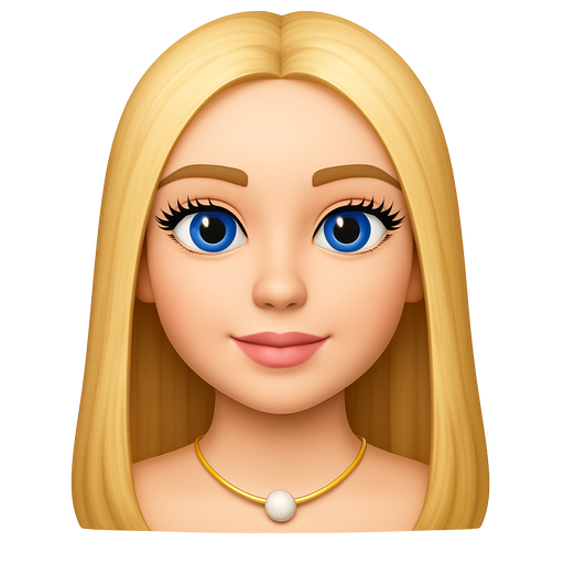 White girl. Long blonde straight hair. Hair is MIDDLE part. Blue eyes. Long eyelashes. Beautiful. Pretty. Gold necklace with a white pearl.