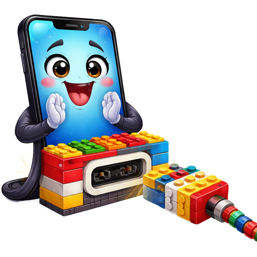 A really new large black, skinny smart phone, a blue glass screen, looking at the very obvious, larger than normal, USB charging port made from lego, and a cord made of Lego is being plugged in. They are waiting and really excited and saying "Charge Me"