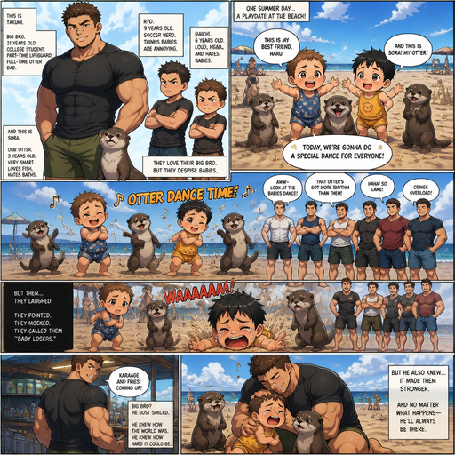 DETAILED AND LIFELIKE show everything and picture Long and detailed anime Comic Book story view of a Bulky but Muscular ANIME Cute Bara Man With Peach toned skin Who looks Normal aind round facial Structure and Basic facial structure With Puffy and Big Pecs that are visible through the shirt and Biceps and Bandaid on his nose and Brown short hair that makes them look tough. Wearing normal With his pet Grown and healthy realistic otter and 2 little brothers that despises the baby and the baby knows and baby that are in different ages but tanky and Big ARMS BUT PERFECT WAIST AND ABS young. The baby is with his best friend baby on a play date and they are wearing cute summer clothes and the baby tells the baby‘s best friend and the otter Introduces his friends at the beach and there art 3 otters and Baby’s and they perform a fun dance routines infront of some guys. Amd it‘s childish and the baby looks scared, and flys into the dirt and cries while big bro is getting food and they make funnof them for it and it hurts so much but big bro loved it
