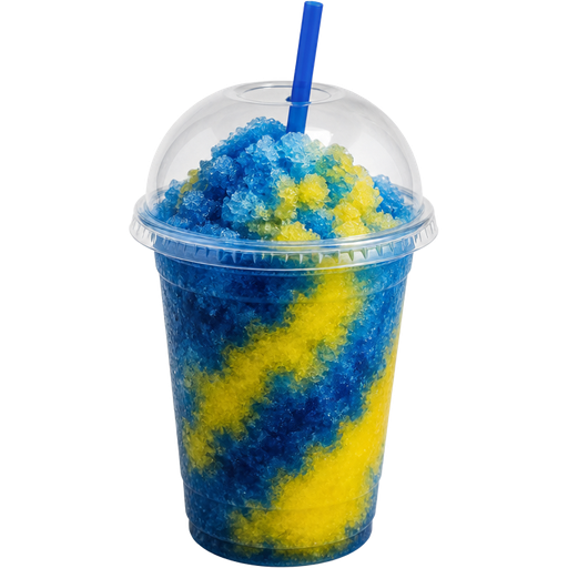 Blueberry Lemon Shaved Ice Slushie in a Plastic Cup and Plastic Dome Lid with a Straw Mixed in with Extra Syrup