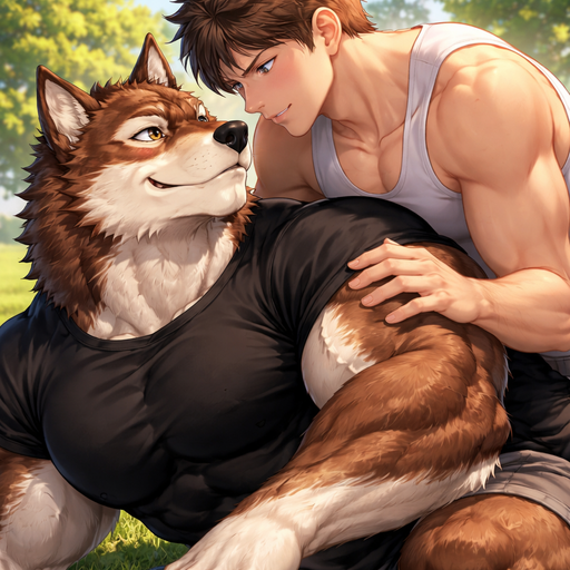 A Full BODY and FACE of Muscular and Buff and a Gigantically Muscular with Chunky Gigantic Pecs AND biceps and a BIGGER head with the Perfect Waist. VERY Masculine and handsome ANIME Animated Bara Furry Brown-White striped Wolf with a VERY Good-looking, Detailed and Mature Face and brown eyes with a wrestler type body. Wearing a Black Baggy short Shirt. with his buff handsome and Human Crush Falling on top of him. At a Park. On accident and Leaning over and messaging his Biceps. Looking at each other. Snuggling