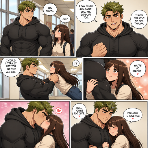 Comic book story about of a Taller and Leaner with More height bulky and Beefy and every Muscle is bigger than average and less shredded or muscular with Chunky and Bulky chest and Biceps and his defined abs ANIME Cute Bara Man American 20 year old with a ROUND and BASIC facial structure and Young Adult BARA CUTE that is Peach Toned skin not anything else MALE not to detailed With bigger than average Pecs that are visible through the shirt and Biceps. Wearing a no piercings Wearing a Hoodie and Jeans under around the waist with and pants and drenched in sweat and Short and Green Brown Hair and Bright Light Green fluffy Hair and Strait with brown eyes and black eyebrows with a Three finger Slash on his Eyebrow. With no Facial Hair. Walking with his crush in school he talks about how much he can lift and he Lifted her by her holding on to his biceps. He is a foot taller than her and kisses her and she hugs his arm