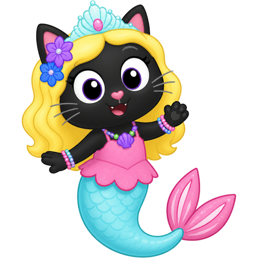 black cat with light yellow hair purple and blue flowers light cyan crown purple and green necklace pink and blue bracelets pink dress attached to long light cyan mermaid tail with pink tail fins with white highlights Baby Shark's Big Show! style