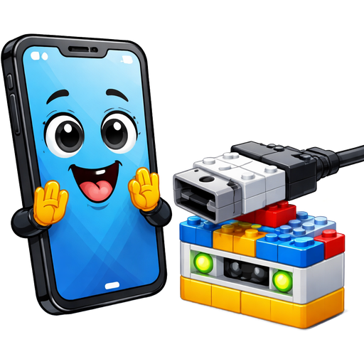 A really new large black, skinny smart phone, a blue glass screen, looking at the obvious USB charging port socket made from lego, and a USB socket made of Lego is being plugged in. They are waiting and really excited and saying "Charge Me"