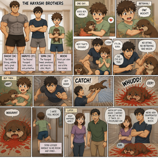A Full Body Comic Book story view of a Bulky and hunky ANIME Cute Bara Man With Peach toned skin Who looks Normal and round facial Structure and Basic facial structure With Puffy and Big Pecs that are visible through the shirt and Biceps and Bandaid on his nose and Brown and Strait hair. Wearing a t-shirt and shorts. And the comic introduces each of his 3 brothers and the youngest has a pet otter and one day the otter betrayed the youngest but the second youngest protected him. youngest got scared and the second youngest says it’s OK. and the otter gets disciplined as then the otter betrays again but he catches the otter and the otter fly to the ground and Ted all over him. And the otter cries but there is not affection given. and I’m the youngest runs away to his room, crying about the otter. And then the parents walk in and they find mochi on the ground red all over him and they ask what happened and the second to youngest explains what happened and they are disappointed in the otter