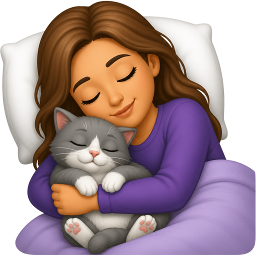 A white girl with a slight tan, asleeping with her cat in her arms. A cat fur is primarily a mix of light gray, which covers most of its body including its head and legs. The second color is white, which covers the chest and belly area and extends to the paws of both the hands and feet. The nose is soft and small, with a pink color. As for the face, gray fur dominates the upper part, while the area around the mouth and chin is completely white. The eyes are dark gray, and the paws are entirely white girl had brown hair.