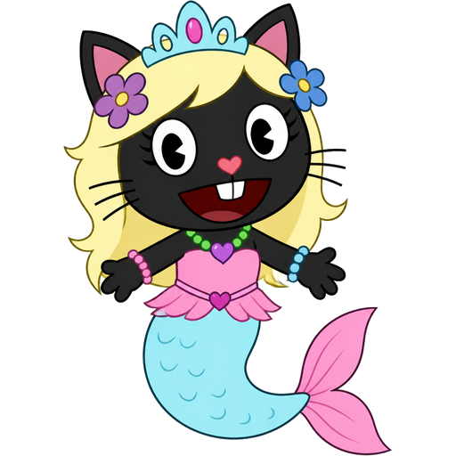 black cat with light yellow hair purple and blue flowers light cyan crown purple and green necklace pink and blue bracelets pink dress attached to long light cyan mermaid tail with pink tail fins happy tree friends version