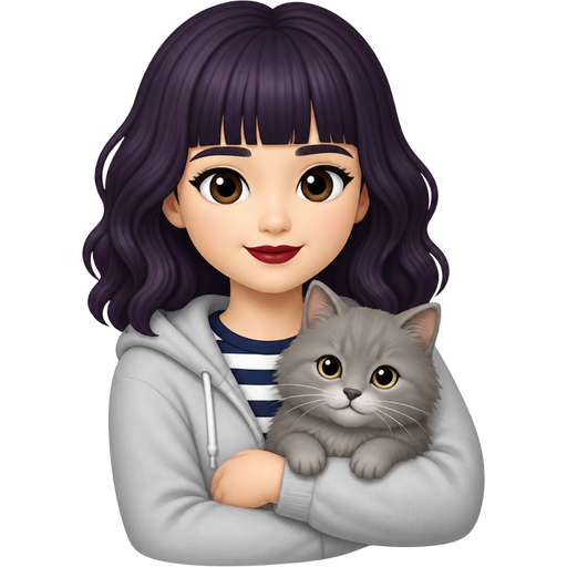 young woman, wavy shoulder-length dark purple hair with straight bangs, brown eyes, pale skin, dark red lips, light grey hoodie over navy-white striped shirt, holding a small fluffy grey cat in her arms