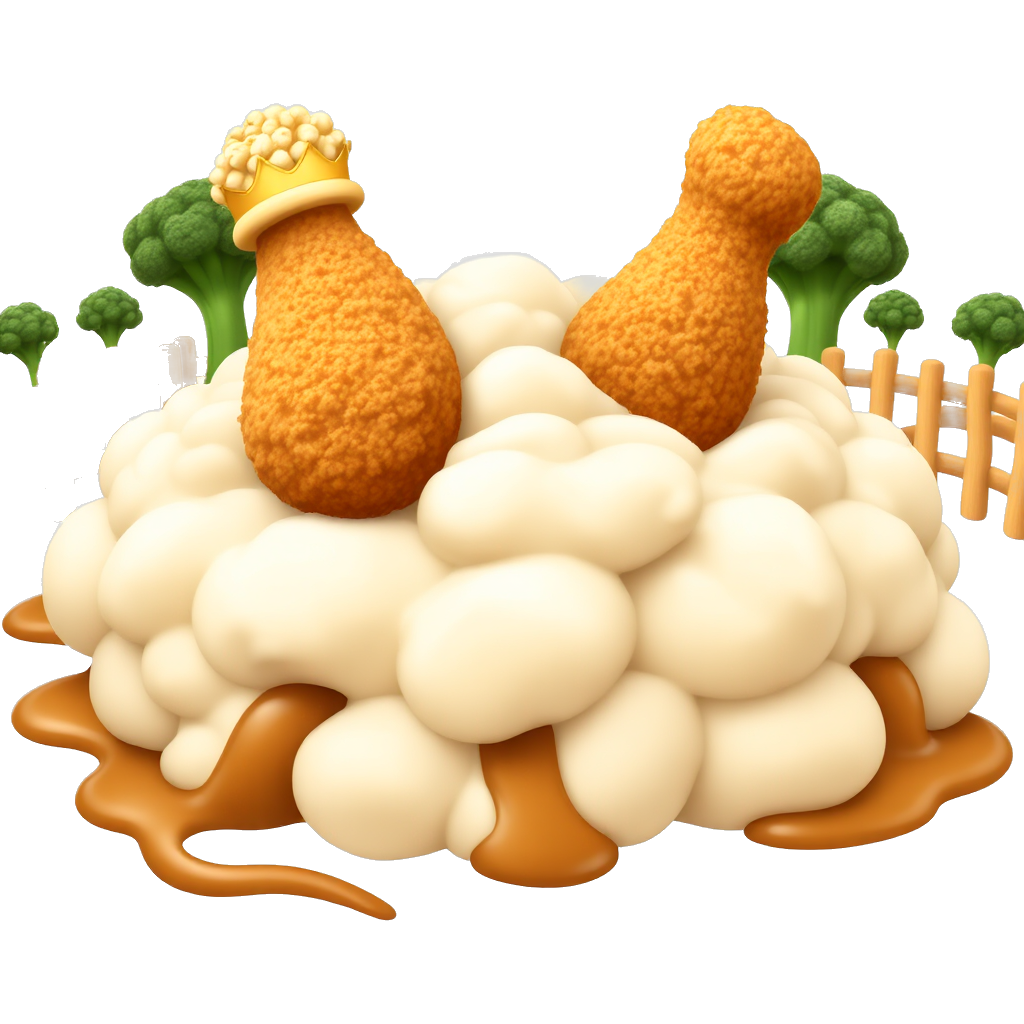 🍗🐔 Crispy fried chicken drumsticks wearing a golden popcorn crown, lounging on a fluffy mashed potato cloud with swirling gravy rivers. In the background, broccoli trees and carrot stick fences encircle this savory paradise!