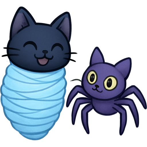 #B8FFFF cocooned body wrapped up black anthro cat happy covered with thick coat of #B8FFFF webbing in a giant #B8FFFF spider web with a giant purple spider cat