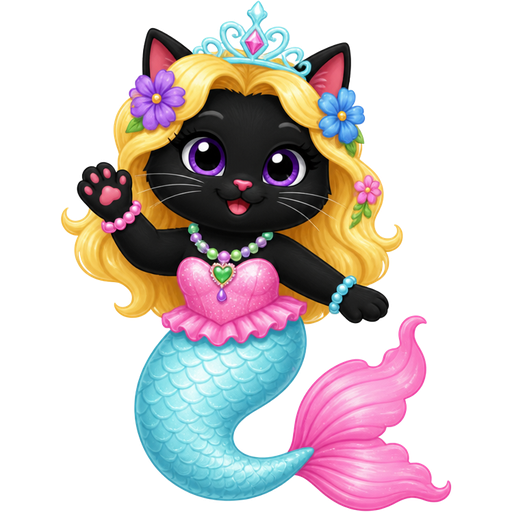 black cat with light yellow hair purple and blue flowers light cyan crown purple and green necklace pink and blue bracelets pink dress attached to long light cyan mermaid tail with pink tail fins