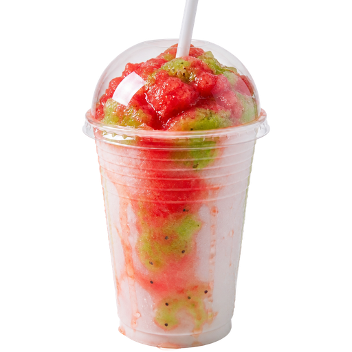 Watermelon Kiwi Soft Shaved Ice Slushie in a White Plastic Cup and Plastic Dome Lid with a Straw Mixed in with Extra Syrup