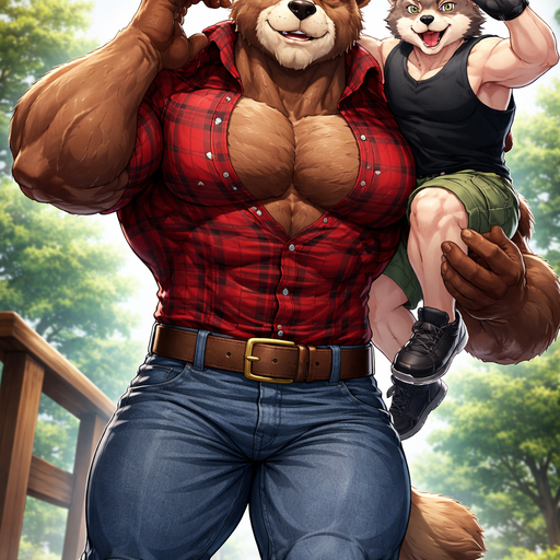 A Full BODY and FACE of Muscular and Buff and a Gigantically Muscular with Chunky and Hunky Gigantic Pecs AND biceps and a BIG and STOCKY body and Puffy Pecs. VERY Masculine and handsome ANIME Animated Young Bara Furry Grizzly Bear with a VERY Good-looking, Detailed and Mature Face and brown eyes with a wrestler type body. Dressed in a tight BUTTON UP Lumberjack outfit and Jeans. Carrying his Boyfriend on his right shoulder sitting up strait