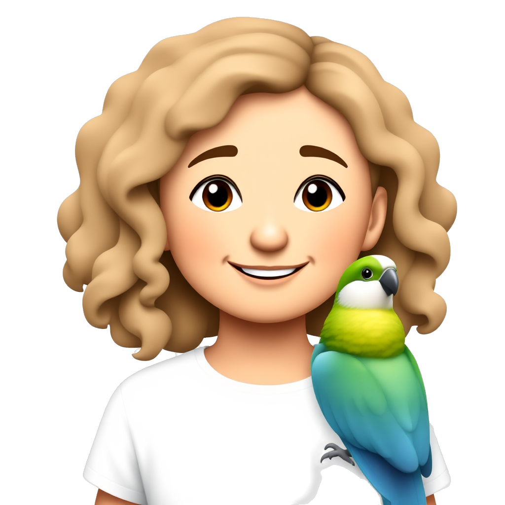 A smiling, wheat-colored girl with wavy or soft curly hair, and on her shoulder is a bird, blue in the belly, green in the head, and white in the forehead.