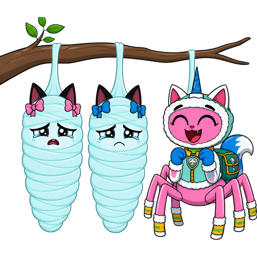( cartoon network style version) wrapped up and mummified fully covered in a #B8FFFF spider slik cocoon shaped like anthro black cat female anthro two pink hair bows whimpering teary eyes with arms behind back with #B8FFFF spider slik wrappings completely covered with thick layers non-transparent #B8FFFF spider slik wrappings hanged to the branch on the left side next to wrapped up and mummified fully covered in a #B8FFFF spider slik cocoon shaped like anthro black cat female anthro with 2 blue hair bows whimpering teary eyes arms behind back with #B8FFFF spider slik wrappings completely covered with thick layers non-transparent #B8FFFF spider slik wrappings hanged to the branch on the the right side next to happy pink cat anthro furry boy drider with blue and white tail white wrists blue hands white ankles yellow socks green collar blue unicorn horn based on unikitty wearing everest's hat and everest's clothing with everest's backpack
