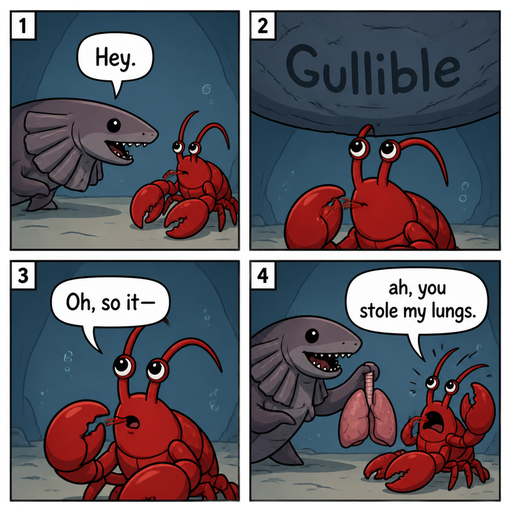 comic 1 frilled shark: Hey. It says 'Gullible' on the ceiling. 2(lobster looks up. The ceiling clearly says 'Gullible') 3 lobster : Oh, so it— 4 frilled shark holding lungs lobster:ah, you stole my lungs.