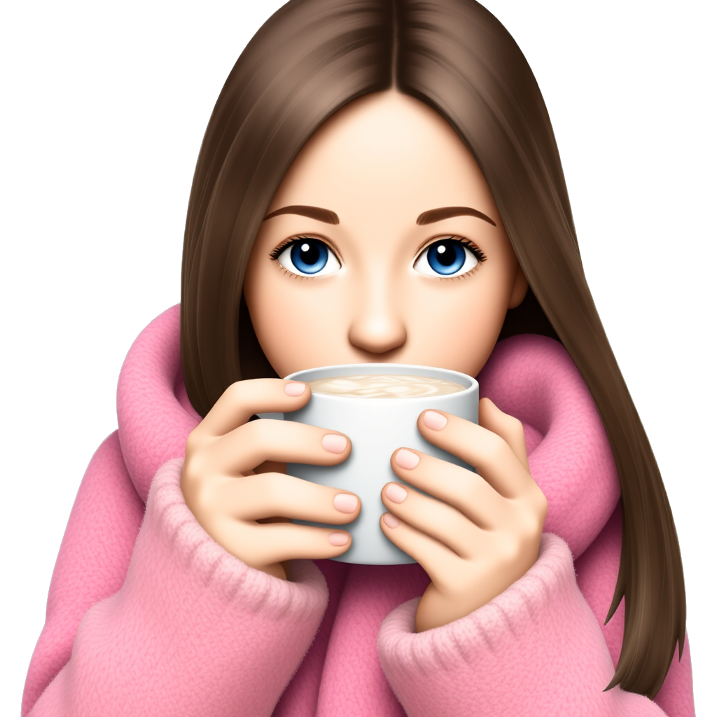 brunette girl with long hair and light skin shoulders wrapped up in a pink plaid blanket drinking hot chocolate blue eyes