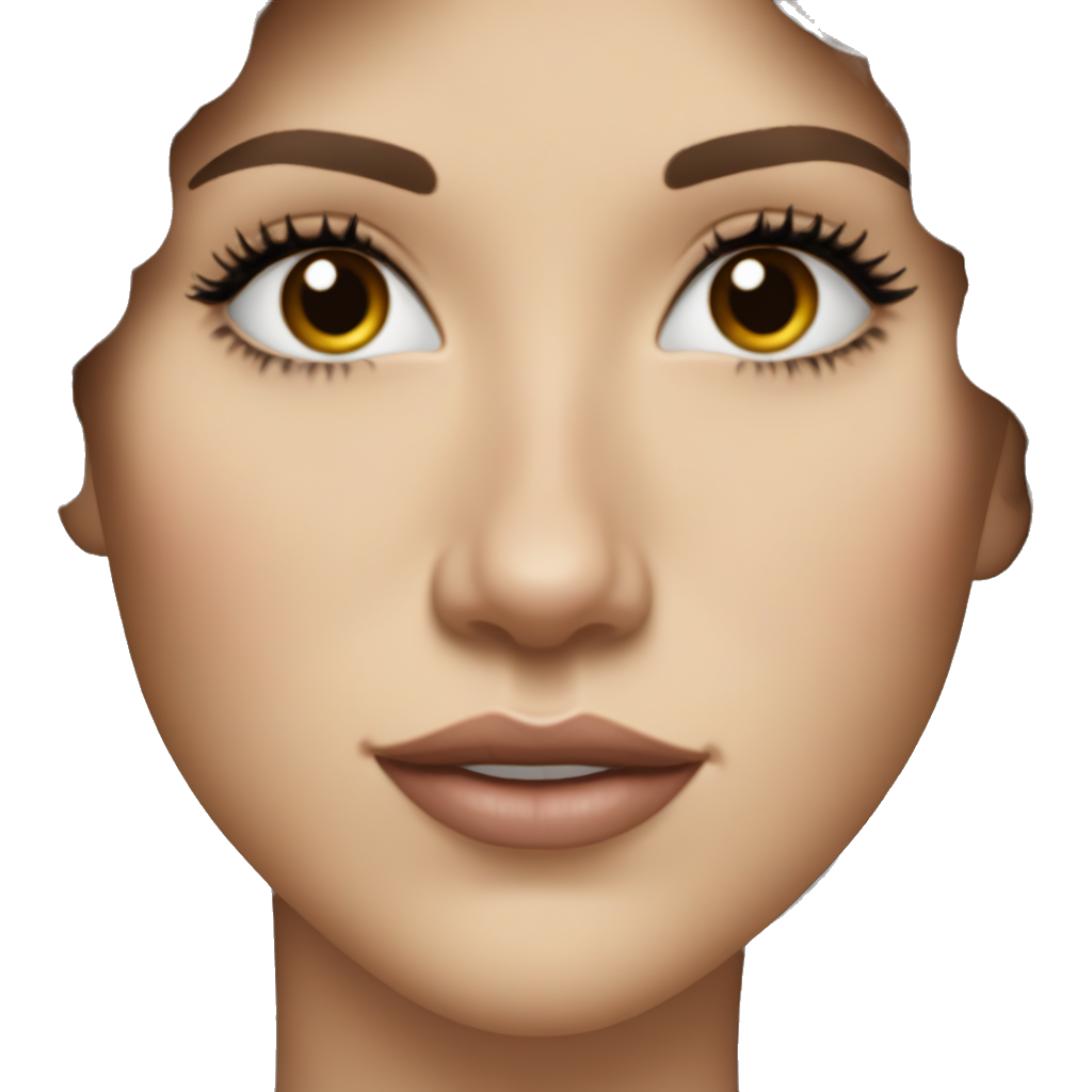 Dark brown medium wavy hair pale skin brown eyes wide v-shape face with small nose and big lips big long eyelashes