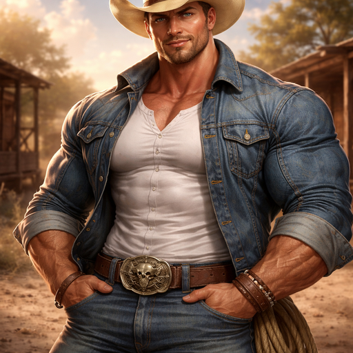 A Huge Buff and Muscular White Cowboy in a Jean Jacket and Jeans and With Humongous Pecs and Biceps and A White shirt under