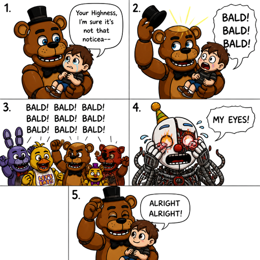 crossover fnaf comic 1 freddy fazbear holding boy say Your Highness, I'm sure it's not that noticea-- 2freddy fazbear takes off his top hat revealing light shine boy Bald! Bald! Bald! 3 all fnaf animatronics: bald! bald! bald! repeatedly 4 ennard with burning and sore eyes: my eyes! 5 freddy fazbear puts his top hat back on alright alright!