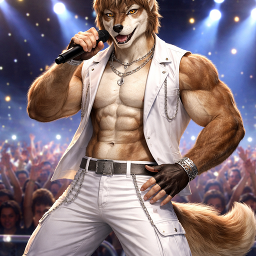 A Full Body Image of a Hunky and Chunky a Brown Wolf K-Pop Singer who is a Muscular but not to muscular Masculine and Handsome and Ginormous Arms and a Rounded Pecs Short Strait Hair. Dressed in Boyband Clothes. On Stage in front A Bunch of People