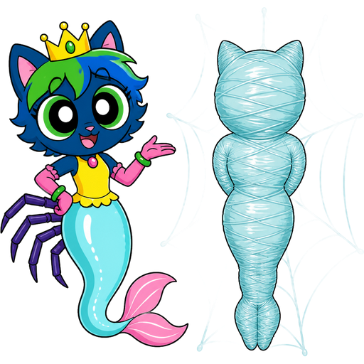 smiling dark blue boy cat furry with green and blue hair wearing golden crown green braclets attached to pink long rubber gloves yellow dress tucked in a light cyan mermaid tail with white highlights with pink tail fins with purple spider legs on the left next to fully completely covered covered encased enveloped with ten layers of light cyan spider slik wrappings mummified and cocooned and webbed green boy cat furry whole completely covered encased enveloped with ten layers of light cyan spider slik wrappings cocoon whole head whole body whole arms and whole legs completely covered wrapped up and mummified from head to toe in ten layers of light cyan spider slik wrappings shaped like whole green boy cat furry behind back and legs bonded together completely covered encased enveloped in with ten layers of light cyan spider slik wrappings cocoon tightly with white highlights mummy shaped like whole green boy cat furry with arms behind back and legs bonded together completely covered encased enveloped with ten layers of light cyan spider slik wrappings cocoon with white highlights tightly in a light cyan spider web on the right (powerpuff girls version)