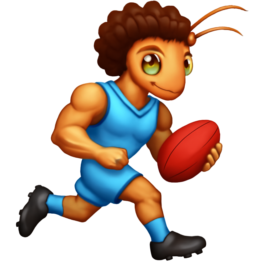 Light Brown Praying mantis with muscles & curly brown hair wearing a light blue guernsey & shorts, wearing black football boots playing Australian rules football