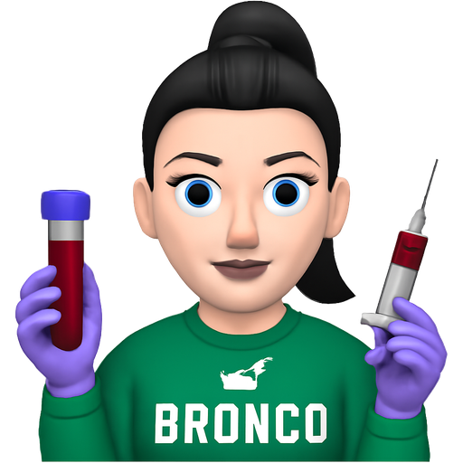 Woman with a nose ring, white skin, black hair pulled straight back into a top ponytail, pale blue eyes, thin high arched eyebrows, wearing a green ford bronco sweatshirt, light purple gloves, holding a purple top vial of blood and a syringe