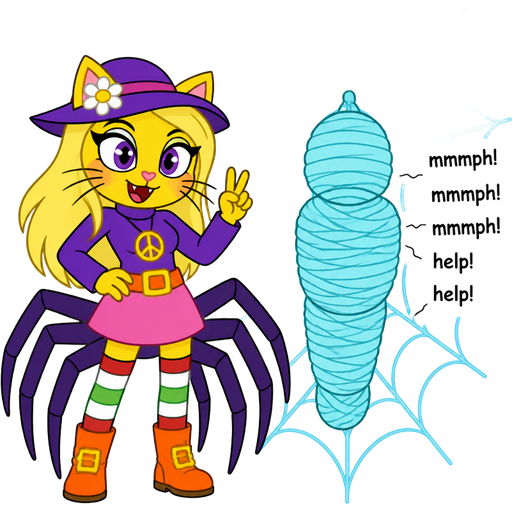 Yellow cat anthro with purple eyes long blonde hair whiskers purple hat with white flower peace sign necklace purple long sleeved shirt orange belt with a yellow buckle pink skirt long red white green socks orange boots with yellow buckles drider hybrid next to think completely fully light cyan spider web mummified boy shaped cocoon covered with thick layers non-transparent light cyan slik wrappings and light cyan slik wrappings boy shaped cocoon covered with thick layers non-transparent light cyan slik wrappings and light cyan slik wrappings muffled screams mmmmph! mmmph! mmmph! help! help! happy tree friends style